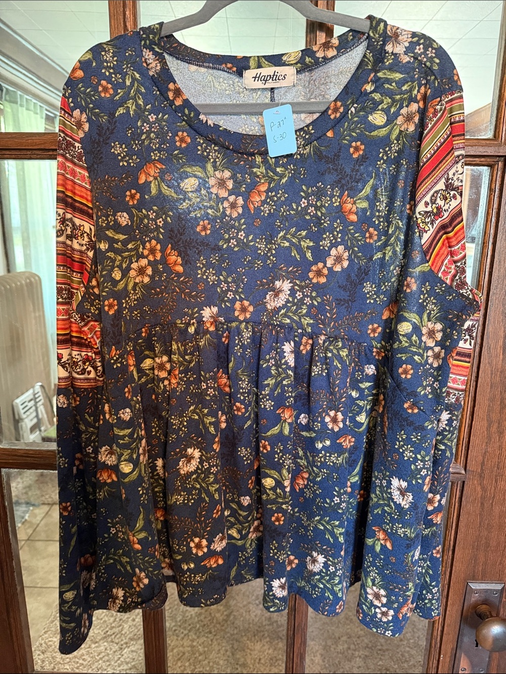 Haptics by Holly Harper Navy Floral Babydoll Tunic Top Plus Size 3X Long Sleeve
